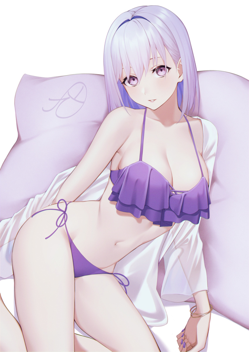 1girl bangs bare_legs bikini blush bracelet breasts cleavage collarbone cushion feet_out_of_frame fifty1202 highres jewelry large_breasts layered_bikini long_hair long_sleeves nail_polish navel off_shoulder open_clothes open_shirt original parted_lips purple_bikini purple_eyes purple_nails purple_ribbon ribbon see-through shirt side-tie_bikini silver_hair simple_background solo stomach swimsuit white_background white_shirt