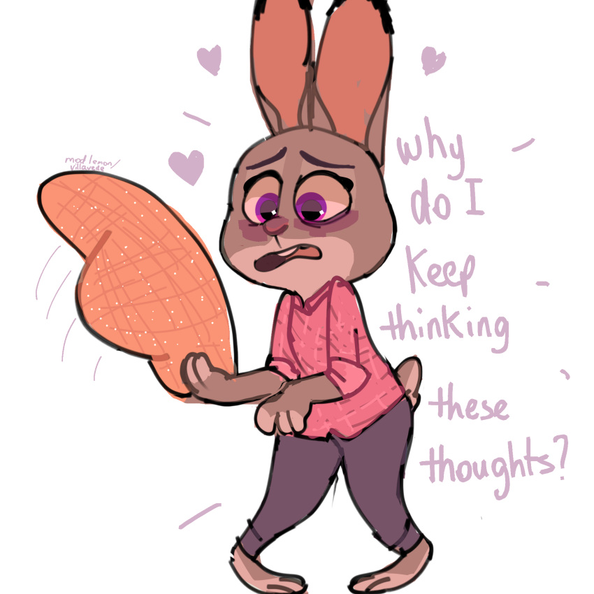 &lt;3 1:1 ? anthro blush bottomwear buckteeth clothed clothing dialogue dipstick_ears disney english_text female front_view fully_clothed fur grey_body grey_fur hat headgear headwear hi_res judy_hopps lagomorph leporid mammal mod_lemon multicolored_ears open_mouth pants purple_eyes rabbit scut_tail shirt simple_background solo teeth text topwear white_background zootopia