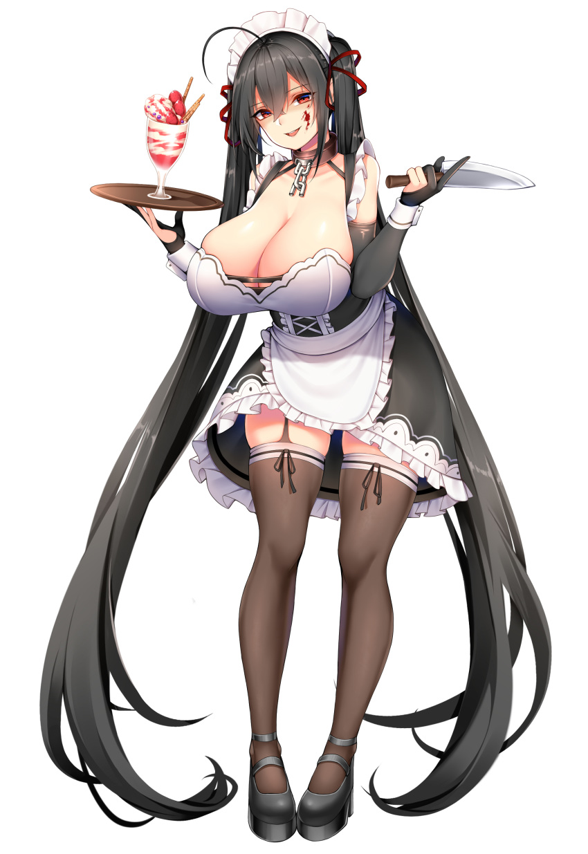 1girl absurdly_long_hair absurdres ahoge alternate_costume apron azur_lane bangs bare_shoulders black_gloves black_hair black_legwear blood blood_on_face breasts brown_legwear chain chixiao cleavage collar collarbone crossed_bangs elbow_gloves empty_eyes enmaided frilled_apron frills full_body garter_straps gloves head_tilt highres holding holding_knife holding_tray huge_breasts kitchen_knife knife leaning_forward long_hair maid maid_headdress open_mouth partly_fingerless_gloves red_eyes shaded_face simple_background smile solo standing taihou_(azur_lane) teeth tray twintails very_long_hair waist_apron white_apron white_background wrist_cuffs yandere