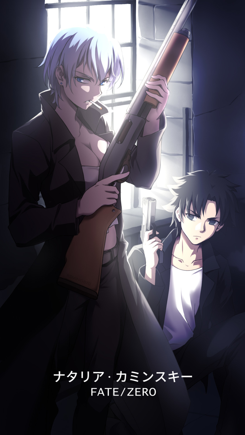 1boy 1girl bangs black_coat black_eyes black_hair black_jacket black_pants blue_eyes breasts cleavage closed_mouth coat collarbone crop_top emiya_kiritsugu fate/zero fate_(series) gun hair_between_eyes highres holding holding_gun holding_weapon indoors jacket laofuzi_dai_bansho large_breasts medium_breasts midriff natalia_kaminski one_knee open_clothes open_coat open_jacket pants rifle shirt short_hair silver_hair smile standing stomach weapon white_shirt