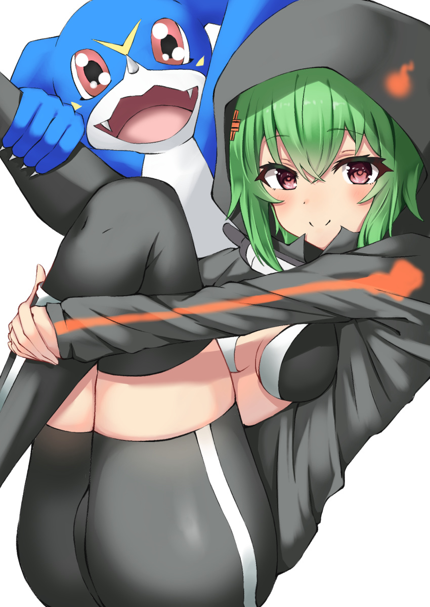 1girl :d ass bangs bike_shorts bikini bikini_top black_footwear black_jacket black_legwear blush boots breasts claws cleavage crossed_bangs digimon digimon_world_re:digitize eyebrows_visible_through_hair fangs goggles goggles_around_neck green_hair hair_between_eyes hair_ornament hairclip highres hood hood_up hooded_jacket jacket knee_boots knees_up leg_hug long_sleeves looking_at_viewer medium_breasts menmen_(ijnwfpaihpufxox) midriff open_mouth partially_unzipped print_footwear print_jacket print_shorts purple_eyes red_eyes shadow shinomiya_rina short_hair short_hair_with_long_locks shorts sidelocks simple_background sitting skindentation smile solo_focus swimsuit thighhighs two-tone_bikini veemon white_background x_hair_ornament