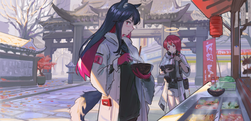 2girls animal_ears arknights bangs bare_tree black_hair black_shirt bowl chopsticks commentary_request cowboy_shot exusiai_(arknights) gloves halo highres holding holding_bowl holding_chopsticks jacket long_hair long_sleeves looking_at_viewer multicolored_hair multiple_girls open_clothes open_jacket outdoors pouch red_eyes red_gloves red_hair shirt short_hair shorts standing tail texas_(arknights) tree white_jacket white_shorts wide_sleeves wolf_ears wolf_tail youyi_(jiam009)