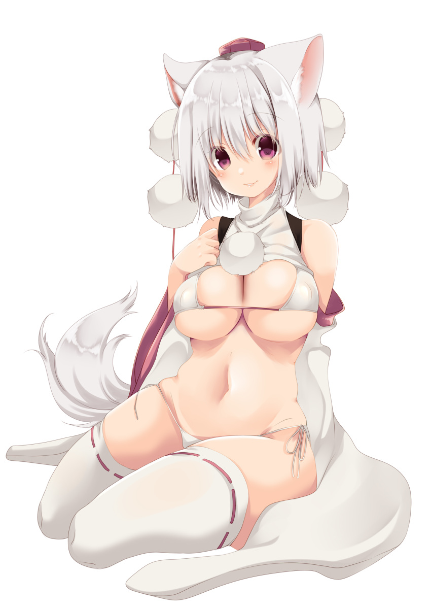 1girl animal_ear_fluff animal_ears bangs bare_shoulders bikini blush blush_stickers breasts cleavage collarbone commentary_request detached_sleeves eyebrows_visible_through_hair hair_between_eyes hat highres hikanyan inubashiri_momiji large_breasts looking_at_viewer midriff navel parted_lips pink_eyes pom_pom_(clothes) red_eyes ribbon-trimmed_legwear ribbon_trim shirt short_hair side-tie_bikini silver_hair sitting sleeveless sleeveless_shirt smile solo stomach swimsuit tail thighhighs thighs tokin_hat touhou translation_request turtleneck white_bikini white_hair white_legwear white_shirt wolf_ears wolf_tail yokozuwari