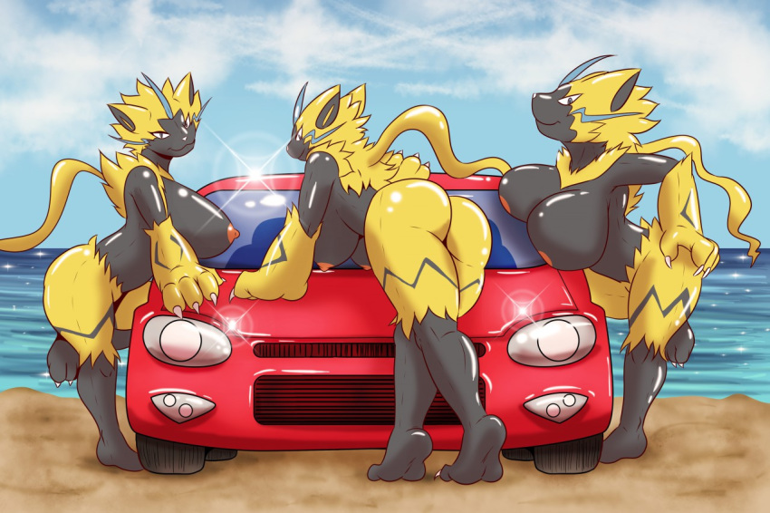 anthro beach big_breasts breasts car cloud female group leaning leaning_forward legendary_pok&eacute;mon looking_at_viewer looking_back nintendo nipples nude pok&eacute;mon pok&eacute;mon_(species) seaside sparkles theloonerking vehicle video_games zeraora