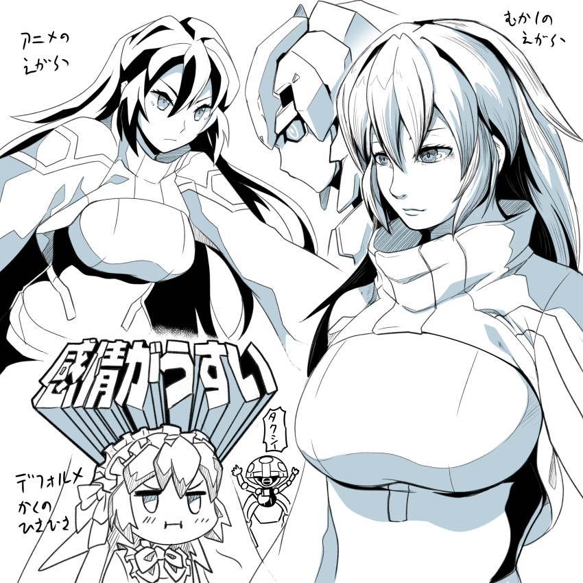 1girl black_hair bodysuit breasts gundam gundam_build_divers gundam_build_divers_re:rise hair_between_eyes highres kamizono_(spookyhouse) lineart looking_down may_(gundam_build_divers_re:rise) mecha medium_breasts monochrome multiple_views shrug_(clothing) v-shaped_eyebrows wodom_pod