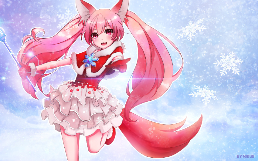 1girl :d animal_ear_fluff animal_ears artist_name bangs blue_sky blush boots capelet day disconnected_mouth elin eyebrows_visible_through_hair eyes_visible_through_hair feet_out_of_frame flat_chest frilled_skirt frills fur-trimmed_boots fur-trimmed_capelet fur_trim highres holding holding_staff layered_skirt leg_up leotard long_hair looking_at_viewer magic mikuo mittens open_mouth outdoors outline outstretched_arms pink_hair pink_skirt pointing pointing_at_viewer red_capelet red_leotard red_mittens santa_costume shiny shiny_hair sidelocks skinny skirt sky smile snowflake_print snowflakes solo staff standing standing_on_one_leg tail tera_online tutu twintails upper_teeth very_long_hair