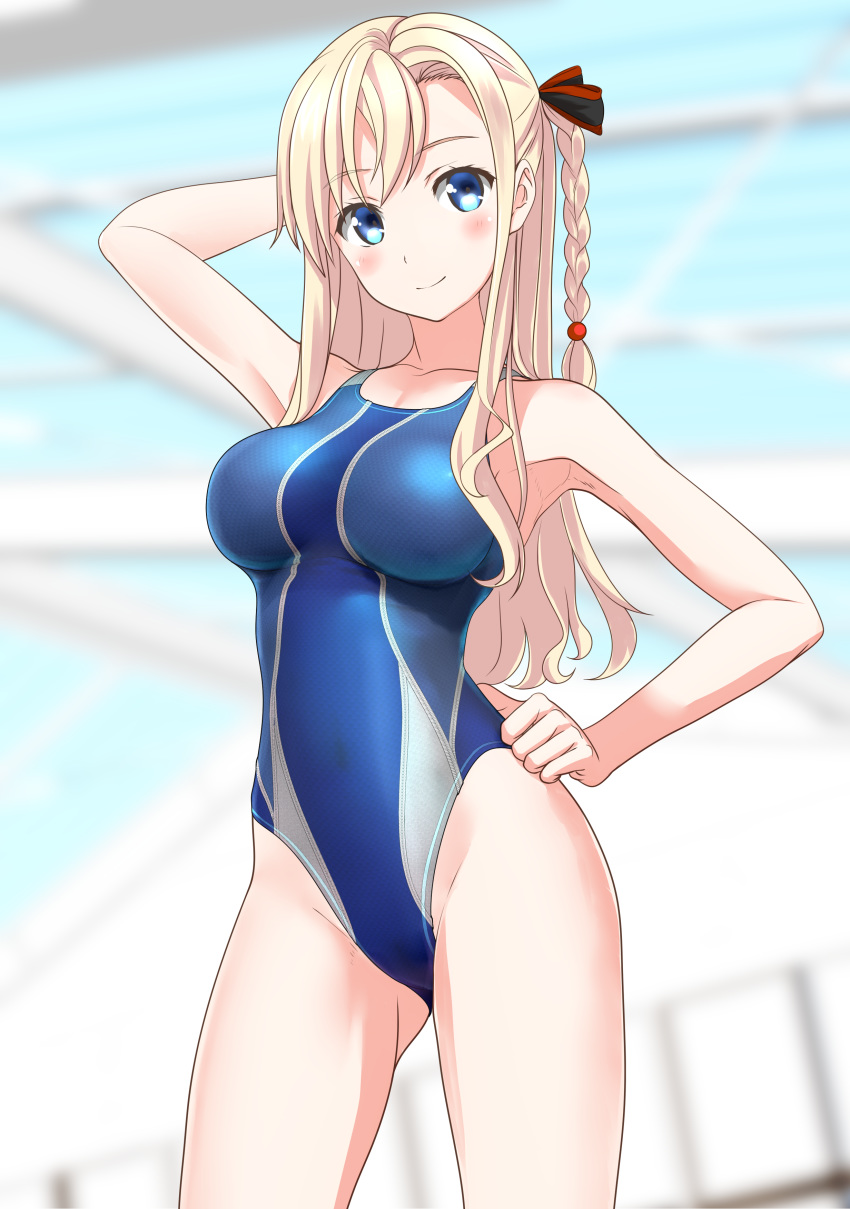 1girl absurdres blonde_hair blue_eyes blue_swimsuit blurry braid breasts commentary_request competition_swimsuit cowboy_shot depth_of_field hand_on_hip high_school_fleet highleg highleg_swimsuit highres indoors large_breasts long_hair looking_at_viewer one-piece_swimsuit single_braid solo standing swimsuit takafumi wilhelmina_braunschweig_ingenohl_friedeburg