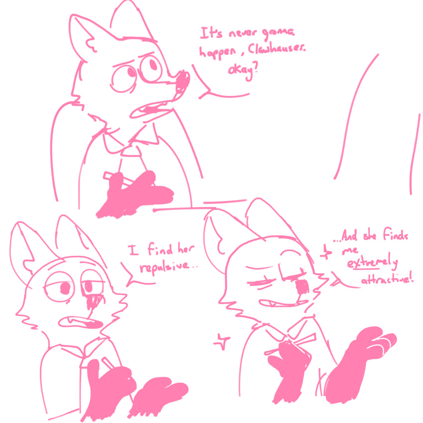 ! 1:1 ? ambiguous_gender anthro canid canine clothed clothing comic dialogue disney english_text eyes_closed fox hi_res mammal mod_lemon monochrome necktie nick_wilde pink_and_white shirt simple_background sketch solo sparkles teeth text topwear white_background zootopia