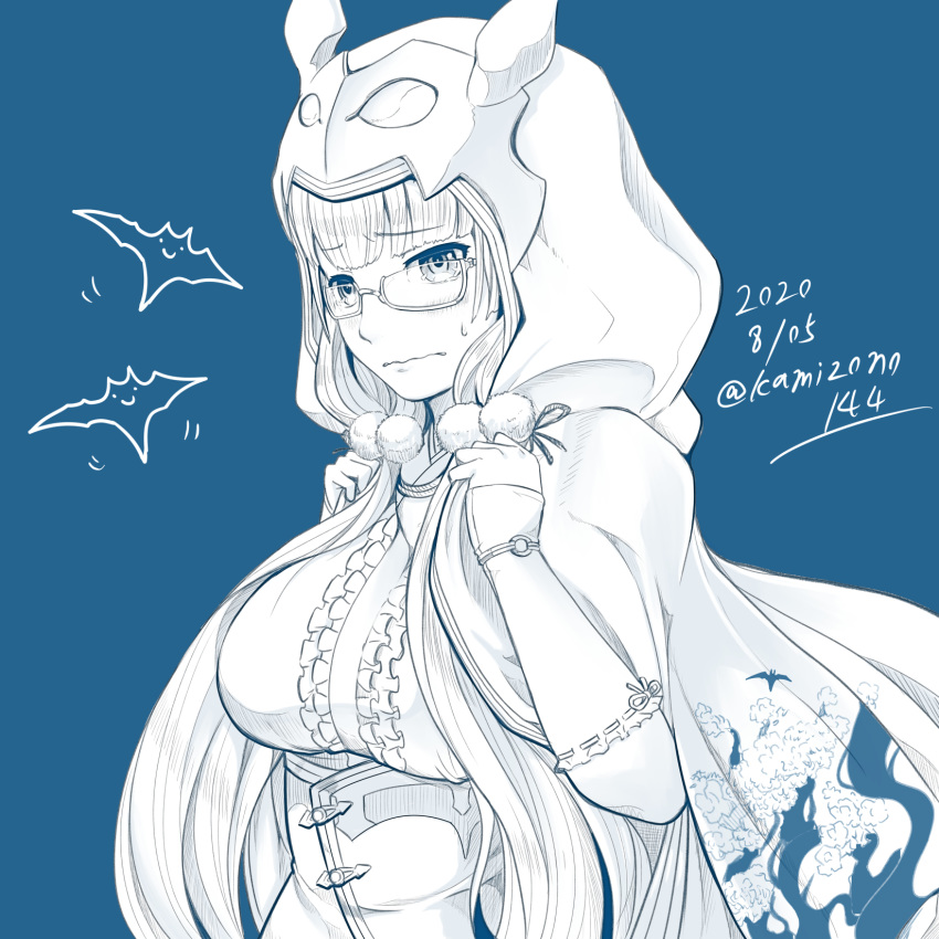 1girl bangs bat blue_background breasts cloak corset dated embarrassed eyebrows_visible_through_hair glasses highres hood kamizono_(spookyhouse) large_breasts lineart long_hair looking_down original tearing_up