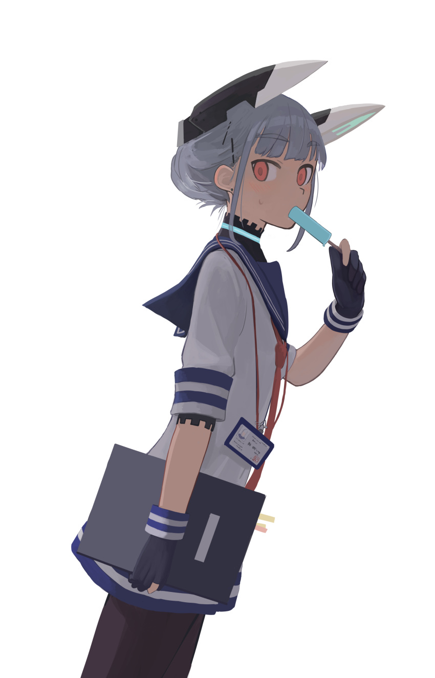 1girl absurdres alternate_hairstyle bangs blunt_bangs dress earrings epitaph_(1122) floating_headgear food highres id_card jewelry kantai_collection looking_at_viewer murakumo_(kantai_collection) necktie orange_eyes pantyhose popsicle sailor_collar sailor_dress silver_hair solo stud_earrings sweatdrop tied_hair