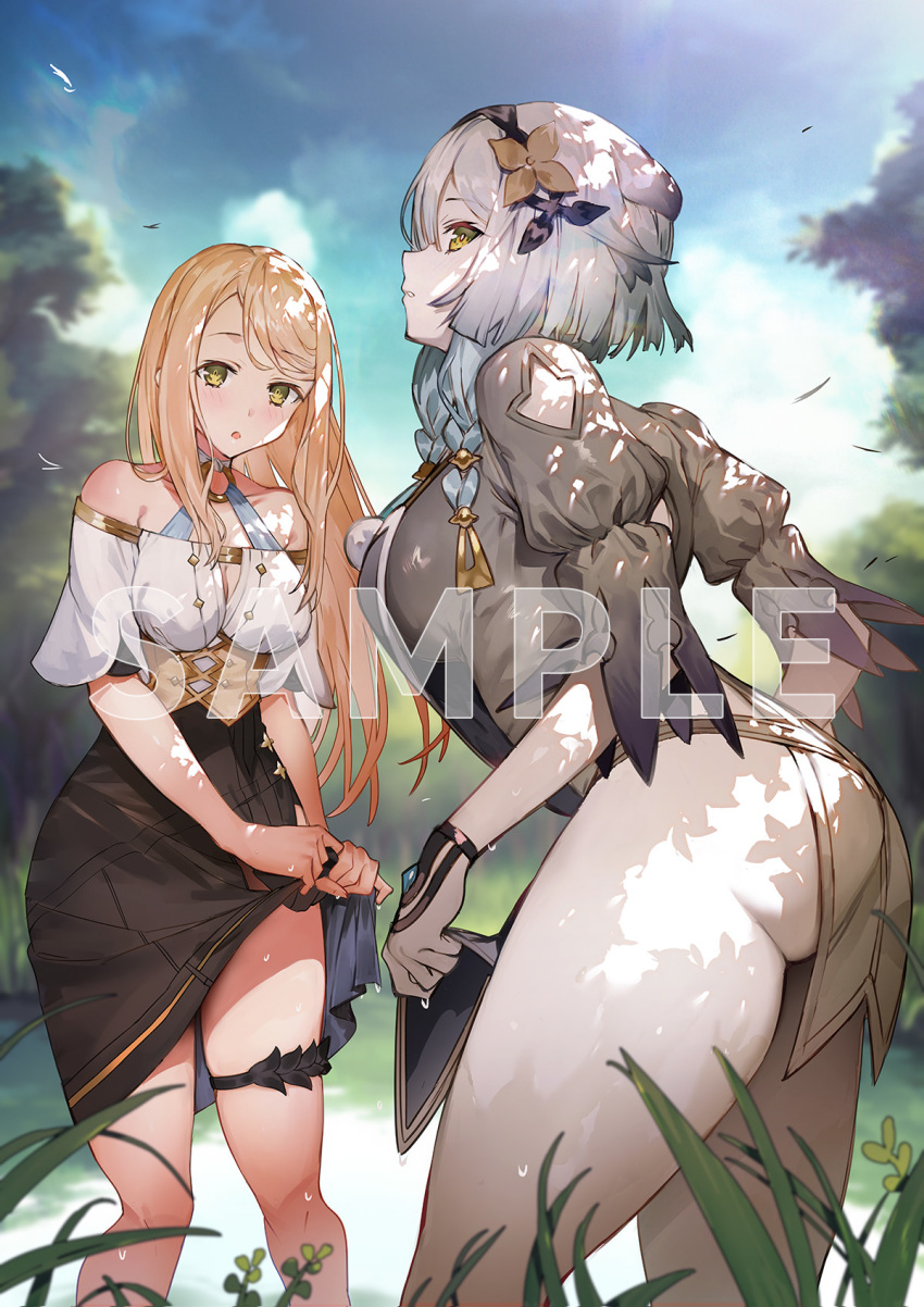 2girls ass atelier_(series) atelier_ryza atelier_ryza_2 bare_shoulders black_skirt blonde_hair blurry blurry_background breasts highres klaudia_valentz large_breasts lila_decyrus long_hair looking_at_viewer multiple_girls official_art pale_skin puffy_short_sleeves puffy_sleeves sample short_sleeves skirt skirt_lift thick_thighs thigh_strap thighs toridamono watermark wet wet_clothes white_hair yellow_eyes