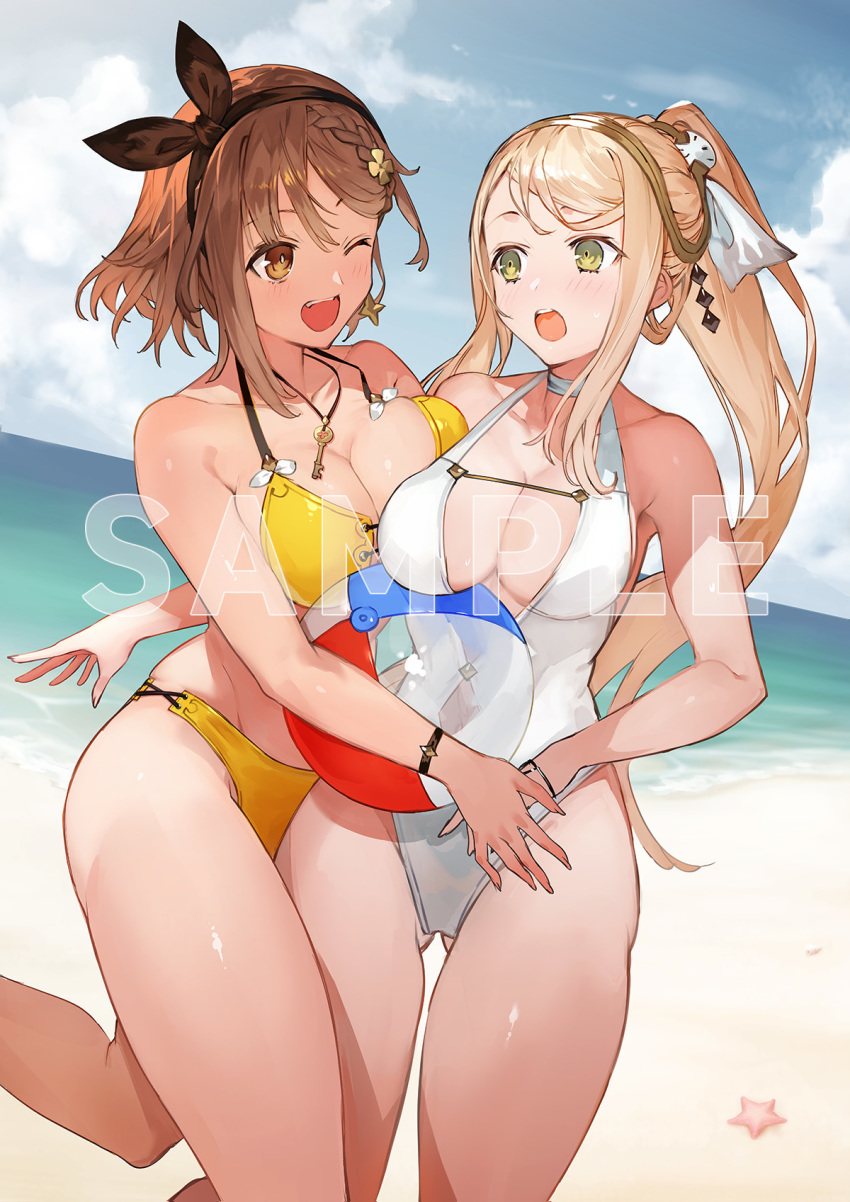 2girls atelier_(series) atelier_ryza atelier_ryza_2 ball beach beachball bikini blonde_hair blue_sky bracelet braid breasts brown_eyes brown_hair cleavage dutch_angle hairband halterneck high_ponytail highres jewelry key_necklace klaudia_valentz large_breasts long_hair multiple_girls official_art one_eye_closed open_mouth ponytail reisalin_stout sample short_hair skindentation sky swimsuit thick_thighs thighs toridamono watermark white_swimsuit yellow_bikini yellow_eyes