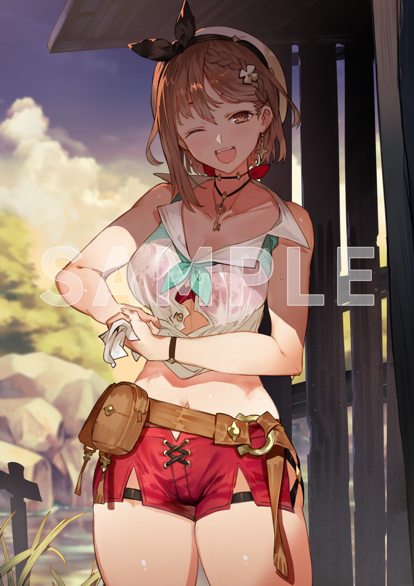 1girl :d atelier_(series) atelier_ryza atelier_ryza_2 bangs bare_shoulders belt belt_pouch blue_sky bra bra_through_clothes bracelet braid breasts brown_belt brown_eyes brown_hair button_gap cleavage cloud collarbone collared_shirt drying earrings fence hair_ornament highres jewelry key_necklace large_breasts midriff navel necklace official_art one_eye_closed open_mouth plant pouch red_bra red_shorts reisalin_stout rock sample shirt short_hair short_shorts shorts single_braid sky sleeveless sleeveless_shirt smile standing thighs toridamono tree underwear water watermark wet wet_clothes white_headwear white_shirt