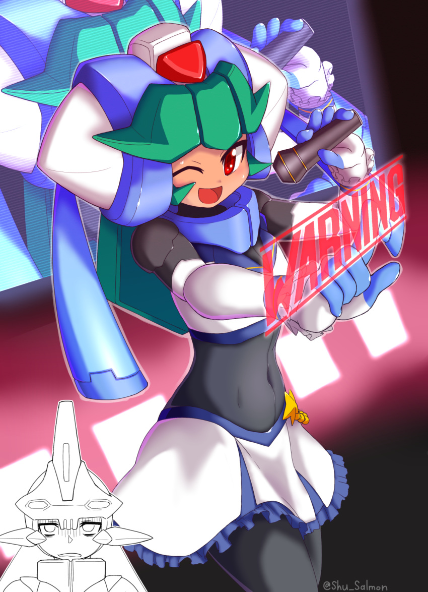 1boy 1girl android bodysuit capcom covered_navel frilled_skirt frills green_eyes green_hair helmet highres holding holding_microphone idol microphone miniskirt one_eye_closed open_mouth pandora_(rockman) prometheus red_eyes rockman rockman_zx shu_salmon skirt smile solo_focus