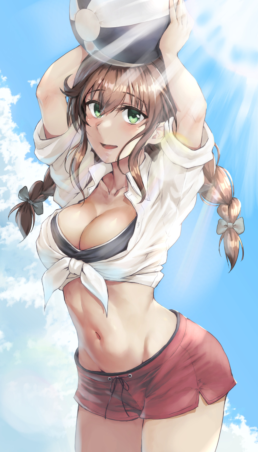 1girl arms_up ball beachball blush braid breasts brown_hair cleavage collarbone cowboy_shot day eyebrows_visible_through_hair front-tie_top green_eyes groin hair_between_eyes highres holding holding_ball holding_beachball kantai_collection kokuzou large_breasts light_rays long_hair navel noshiro_(kantai_collection) open_mouth red_shorts shirt shorts smile solo sunbeam sunlight twin_braids white_shirt