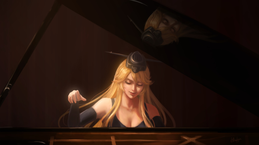 1girl alternate_costume arise_(allicenogalca) bangs black_background blonde_hair breasts chiaroscuro cleavage closed_eyes closed_mouth commentary_request detached_sleeves facing_viewer grand_piano hand_up headgear highres instrument iowa_(kantai_collection) kantai_collection lips lipstick long_hair makeup mascara music piano playing_instrument red_lips reflection simple_background sleeveless smile solo