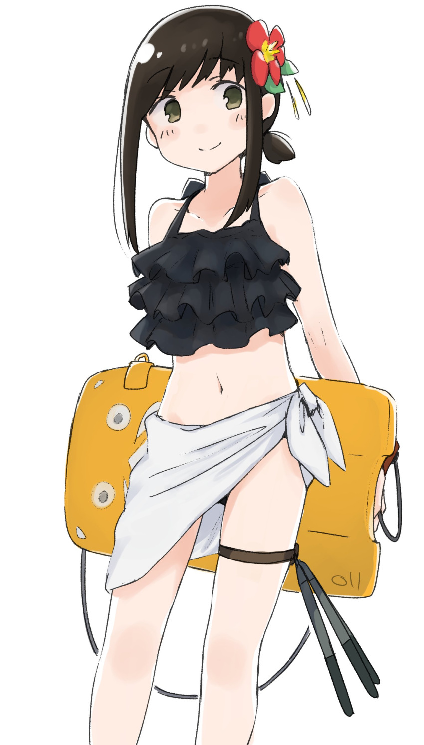 1girl absurdres bikini black_bikini black_hair blush closed_mouth collarbone feet_out_of_frame flower frilled_bikini frills fubuki_(kantai_collection) green_eyes hair_flower hair_ornament highres kantai_collection ma_rukan navel red_flower sarong short_hair short_ponytail signature simple_background smile solo swimsuit white_background white_sarong