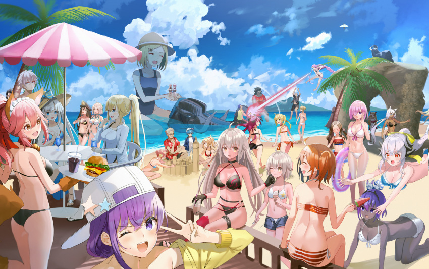 6+boys 6+girls ass bangs bare_shoulders bb_(fate)_(all) bb_(swimsuit_mooncancer)_(fate) beach blue_sky blush breasts elizabeth_bathory_(fate) elizabeth_bathory_(fate)_(all) fate/grand_order fate_(series) fujimaru_ritsuka_(female) hassan_of_serenity_(fate) highres james_moriarty_(fate/grand_order) jeanne_d'arc_(alter_swimsuit_berserker) jeanne_d'arc_(fate)_(all) jeanne_d'arc_(swimsuit_archer) kiyohime_(fate/grand_order) kiyohime_(swimsuit_lancer)_(fate) large_breasts long_hair marie_antoinette_(fate/grand_order) medium_breasts multiple_boys multiple_girls nero_claudius_(fate)_(all) nero_claudius_(swimsuit_caster)_(fate) ocean open_mouth paul_bunyan_(fate/grand_order) shore short_hair sitting sky small_breasts smile tamamo_(fate)_(all) tamamo_cat_(fate) thighs tsukise_miwa
