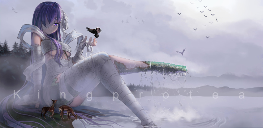 1girl animal bandage_over_one_eye bandaged_arm bandaged_leg bandages bird breasts character_name cloud cloudy_sky commentary_request deer eagle fate/extra fate/extra_ccc fate/extra_ccc_fox_tail fate/grand_order fate_(series) forest giantess highres in_water kingprotea lake long_hair medium_breasts moss nature outdoors purple_eyes purple_hair sky solo tutler very_long_hair