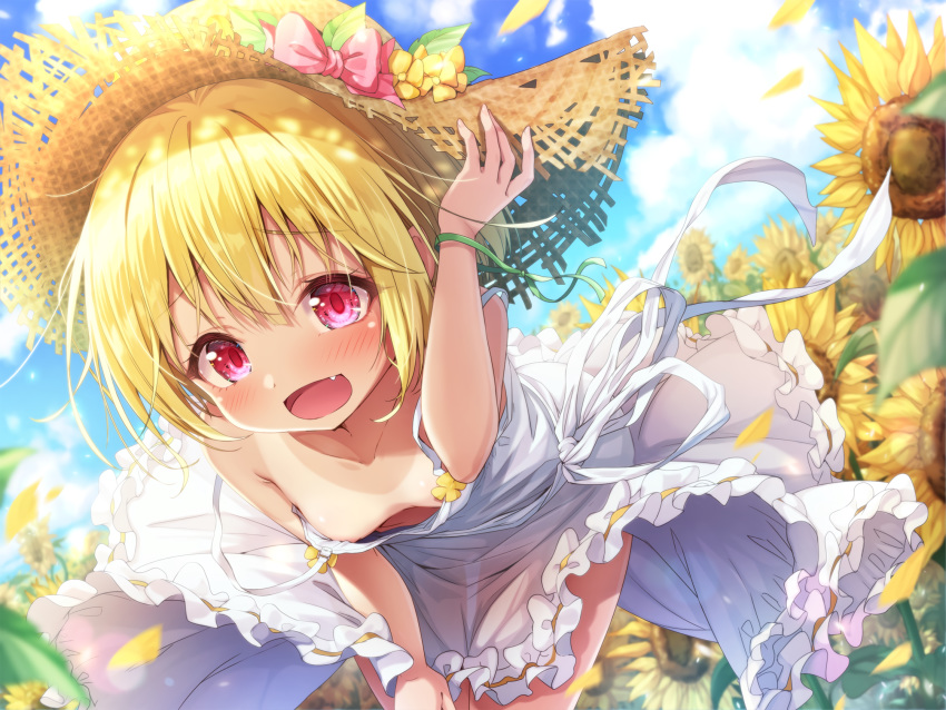 blonde_hair clouds dress flowers hat matokechi no_bra original sky summer_dress sunflower