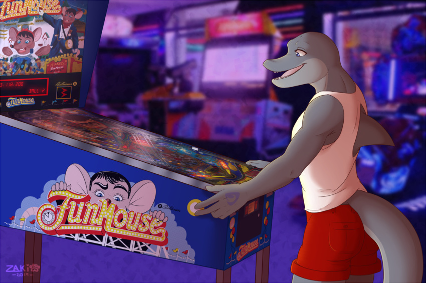 anthro arcade blue_eyes bottomwear cetacean clothing delphinoid dorsal_fin fin grey_body kajika_longfin male mammal marine mouse murid murine parody pinball red_bottomwear red_clothing red_shorts rodent ryukawa shirt shorts tank_top toothed_whale topwear