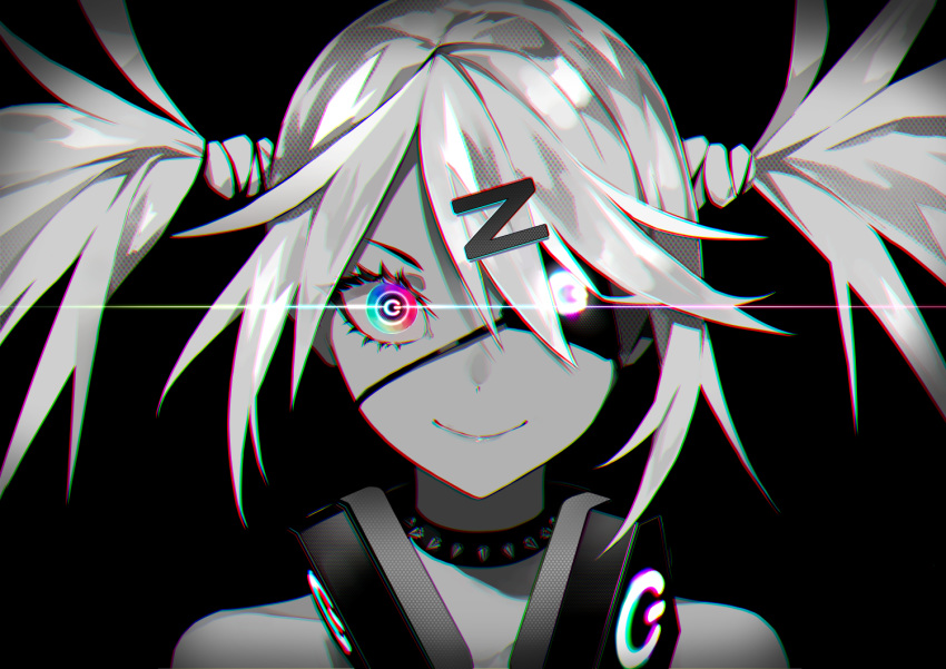 1girl black_background chromatic_aberration closed_fan closed_mouth collar collarbone dive_to_zone eyepatch face fan folding_fan glowing glowing_eye greyscale hair_ornament headphones lens_flare long_hair monochrome multicolored multicolored_eyes power_symbol rainbow_eyes ram_(ramlabo) simple_background smile solo spiked_collar spikes spot_color twintails upper_body