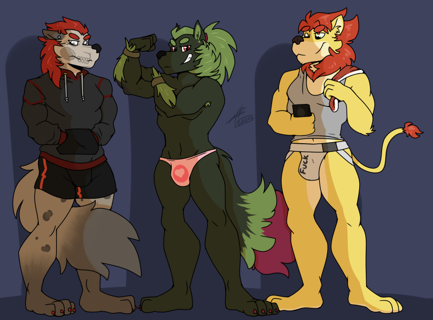 2020 absurd_res anthro black_nose bone canid canine canis clothed clothing felid forsburn fur green_body green_fur group hair hi_res hoodie hyaenid jockstrap lion looking_at_viewer lovers_of_aether male mammal muscular muscular_male nude pantherine partial_nudity piercing red_eyes rivals_of_aether simple_background skull smile spotted_hyena sylvanedadeer sylvanos thong topless topwear underwear video_games wolf zetterburn