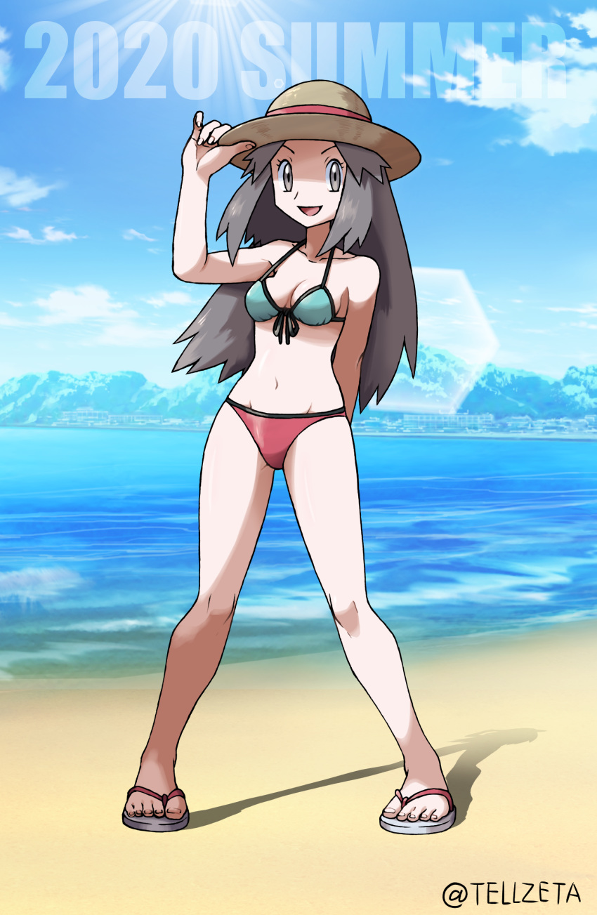 1girl :d arm_behind_back arm_up bikini blue_(pokemon) breasts cleavage cloud collarbone commentary_request dated day eyelashes fingernails full_body grey_eyes grey_hair hand_on_headwear hat hat_ribbon highres knees legs_apart light_rays long_hair open_mouth outdoors pigeon-toed pokemon pokemon_(game) pokemon_frlg ribbon sand sandals shore sky smile solo standing summer sunbeam sunlight swimsuit teru_zeta toes tongue water