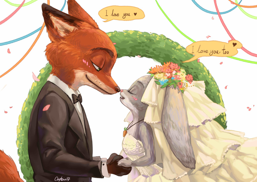 2016 absurd_res anthro blush bride canid canine captain_an clothed clothing dialogue disney dress duo english_text female flower fox fully_clothed fur grey_body grey_fur groom hi_res jewelry judy_hopps lagomorph leporid looking_at_another male mammal necklace nick_wilde orange_body orange_fur petals plant rabbit red_fox smile speech_bubble suit text wedding_dress white_body white_fur zootopia