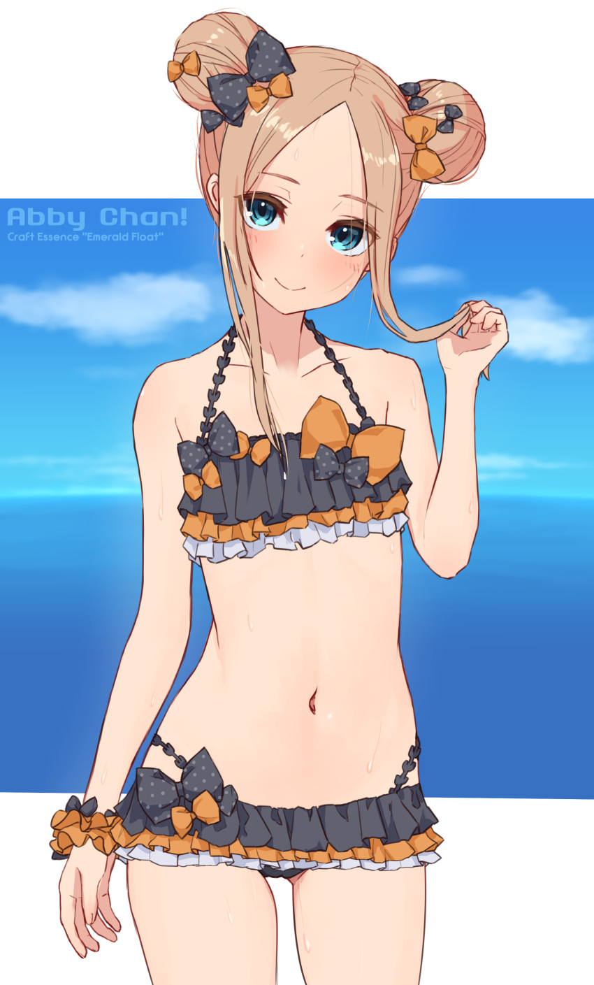 1girl abigail_williams_(fate/grand_order) absurdres bangs bare_arms bare_shoulders bikini black_bikini black_bow blush bow brown_hair character_name closed_mouth collarbone day double_bun emerald_float fate/grand_order fate_(series) forehead hair_bow hand_up highres holding holding_hair kopaka_(karda_nui) looking_at_viewer multiple_bows multiple_hair_bows navel orange_bow parted_bangs polka_dot polka_dot_bow sidelocks smile solo swimsuit wrist_cuffs