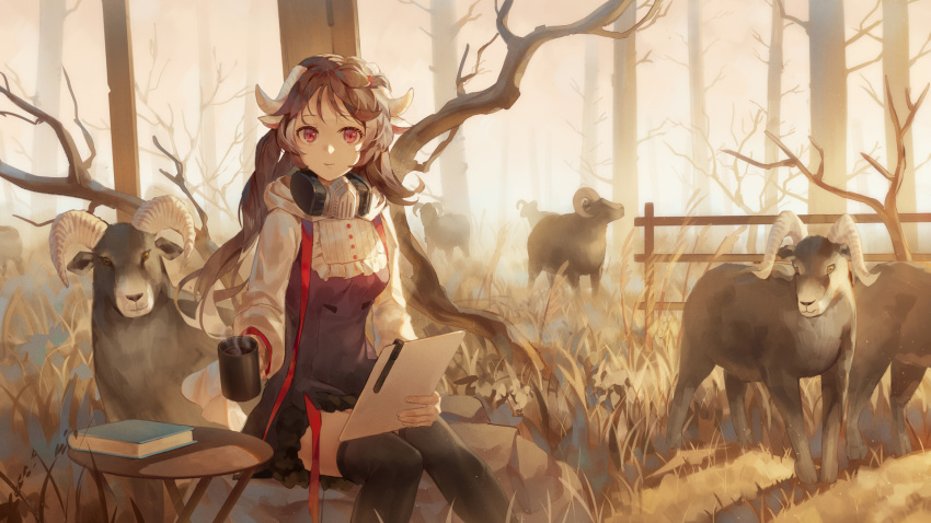 1girl animal_ears arknights bare_tree black_dress black_legwear book brown_hair closed_mouth commentary_request cup curled_horns day dress eyjafjalla_(arknights) feet_out_of_frame fence highres holding holding_cup hood hood_down horns ji_dao_ji long_hair long_sleeves looking_at_viewer mask_around_neck mug outdoors puffy_long_sleeves puffy_sleeves red_eyes respirator sheep sheep_ears sheep_horns sitting smile solo table thighhighs tree very_long_hair