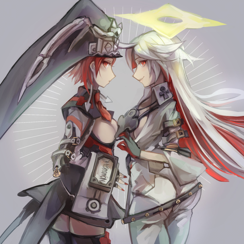 2girls ass belt black_gloves bone breasts cleavage cleavage_cutout cross english_text fingerless_gloves gloves guilty_gear guilty_gear_2 guilty_gear_xrd halo hat highres jack-o'_valentine jumpsuit kawabata long_hair medium_breasts medium_hair multicolored_hair multiple_girls red_eyes red_hair red_nails red_neckwear shiny simple_background skull thighhighs valentine_(guilty_gear)