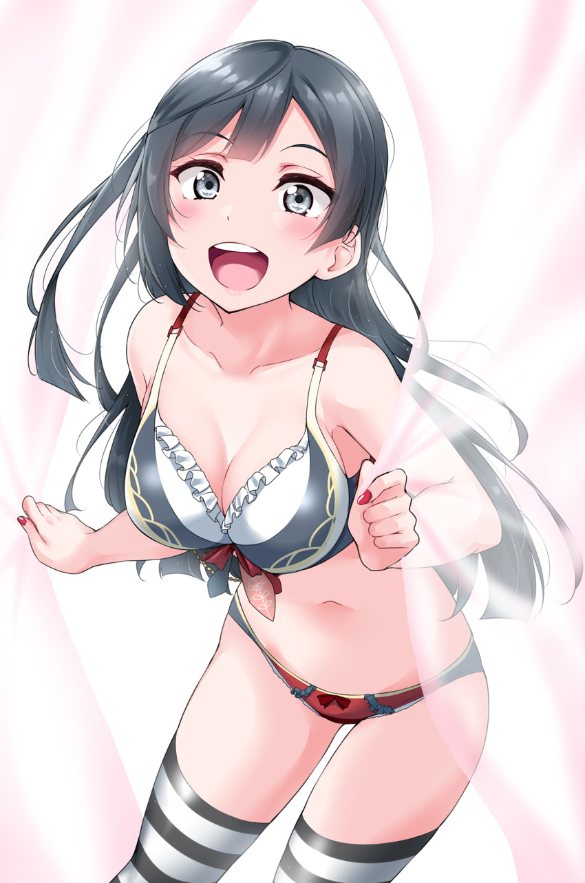 1girl :d bangs bare_arms black_eyes black_hair blunt_bangs blush bow bow_bra bow_panties bra breasts cleavage collarbone curtains frill_trim highres long_hair looking_at_viewer love_live! love_live!_school_idol_festival_all_stars medium_breasts multicolored multicolored_bra multicolored_clothes multicolored_panties nail_polish navel open_mouth panties red_bow see-through simple_background sleeveless smile solo striped striped_legwear thighhighs underwear underwear_only upper_teeth white_background yopparai_oni yuuki_setsuna_(love_live!)