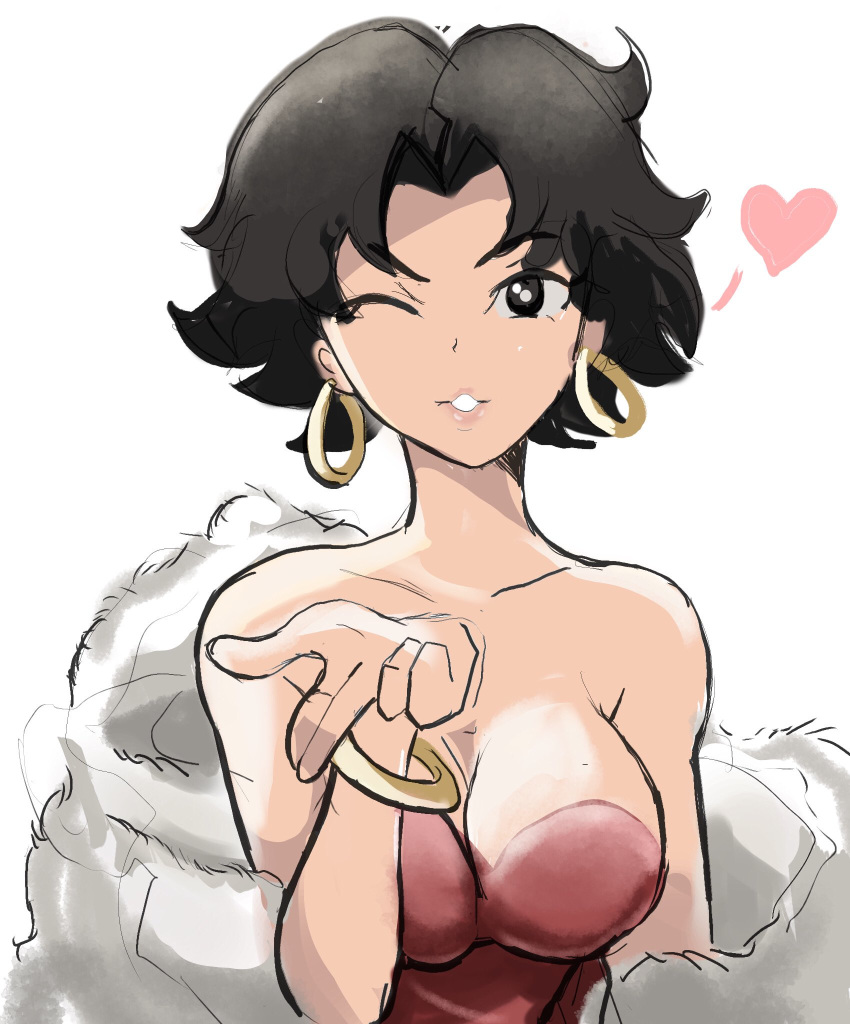 1girl betty_boop betty_boop_(character) black_eyes black_hair breasts coat earrings eyebrows eyebrows_behind_hair eyebrows_visible_through_hair fur fur_coat heart highres hoop_earrings jewelry kiss medium_breasts messy_hair one_eye_closed rakeem_garcia-cueto short_hair white_background white_coat