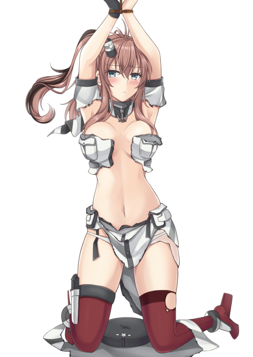 1girl anchor black_gloves blue_eyes bound bound_wrists breast_pocket breasts brown_hair dress gloves hair_between_eyes hair_ornament high_heels highres impossible_clothes kantai_collection large_breasts navel no_bra panties pocket ponytail red_legwear restrained rope saratoga_(kantai_collection) side_ponytail sidelocks single_glove smokestack_hair_ornament solo thighhighs torn_clothes torn_dress underwear white_dress white_panties yamato_(083)