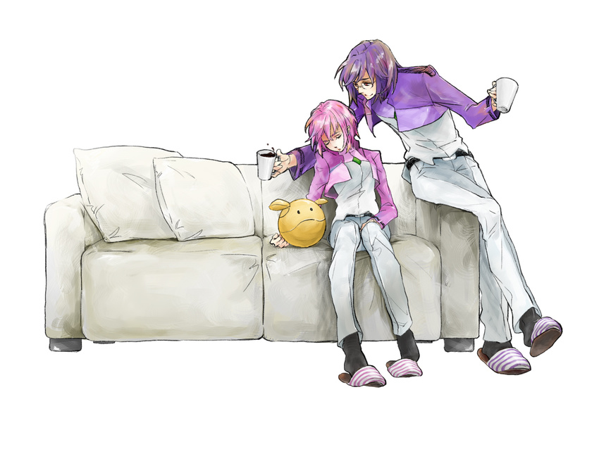 1girl alternate_hairstyle bad_id bad_pixiv_id celestial_being_uniform closed_eyes couch cup feldt_grace glasses gundam gundam_00 haro mug pink_hair purple_hair sitting sleeping slippers ta_ko tieria_erde