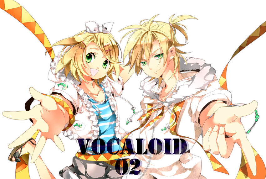 1girl alternate_costume blonde_hair brother_and_sister casual contemporary fashion fujiwara_rika green_eyes hair_ornament hair_ribbon hairclip hood hoodie kagamine_len kagamine_rin outstretched_arm outstretched_hand reaching ribbon short_hair siblings smile twins vocaloid