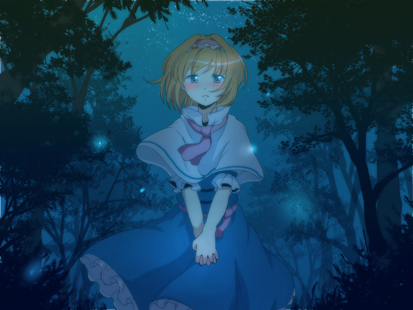 alice_margatroid bad_id bad_pixiv_id blonde_hair blue blue_eyes blush capelet dress forest glowing hairband hands_clasped nature necktie night night_sky open_mouth own_hands_together petticoat short_hair skirt sky solo standing touhou tree v_arms wallpaper yuuyuu_(yuko)