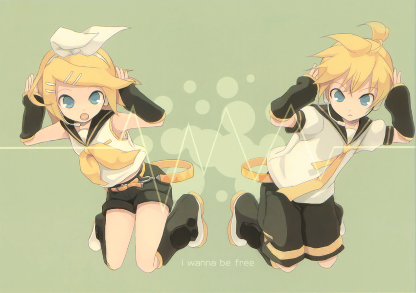 1girl aqua_eyes bare_shoulders blonde_hair brother_and_sister detached_sleeves hair_ornament hair_ribbon hairclip headphones headset kagamine_len kagamine_rin leg_warmers necktie open_mouth ribbon sailor_collar short_hair shorts siblings tomsan twins vocaloid yellow_neckwear