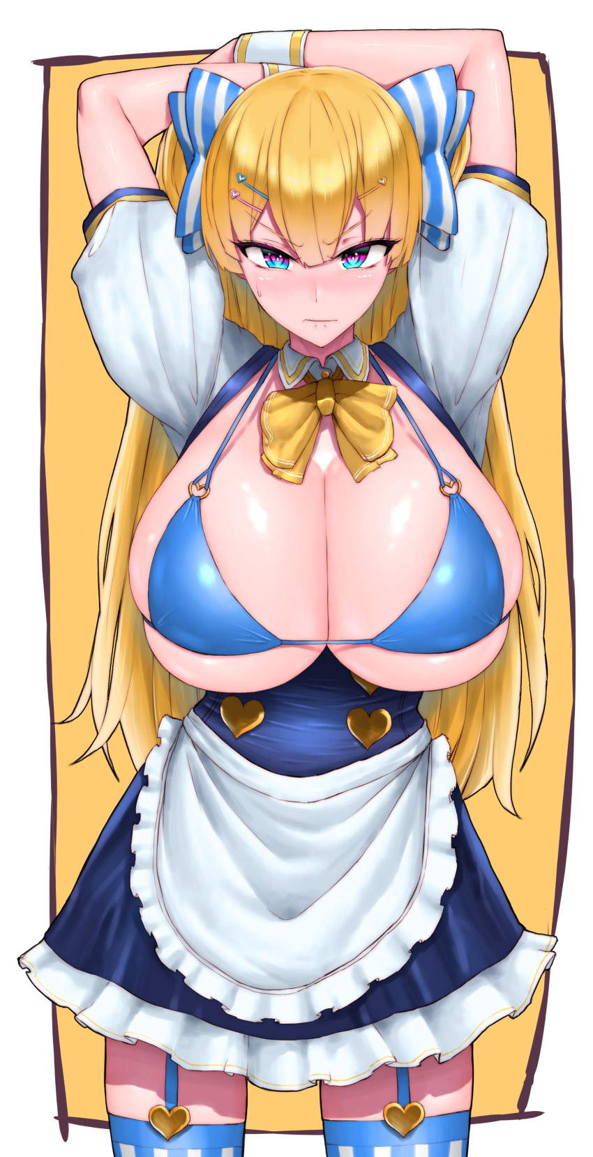 1girl absurdres apron arms_behind_head bangs bikini blonde_hair blue_bikini blue_eyes blush borrowed_character bow bowtie breastless_clothes breasts breasts_outside cleavage garter_straps hair_ornament hair_ribbon highres huge_breasts lina_(michihasu) long_hair looking_at_viewer open_mouth original ribbon solo striped striped_legwear sweatdrop swimsuit thighhighs wolffeld