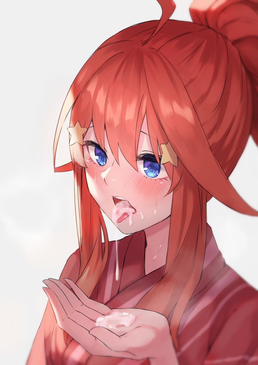 1girl ahoge amog bangs blue_eyes cum cum_in_hands cum_in_mouth go-toubun_no_hanayome hair_between_eyes hair_ornament half_updo high_ponytail highres japanese_clothes kimono nakano_itsuki open_mouth red_hair red_kimono shiny shiny_hair sidelocks simple_background solo star_(symbol) star_hair_ornament tongue tongue_out upper_body white_background