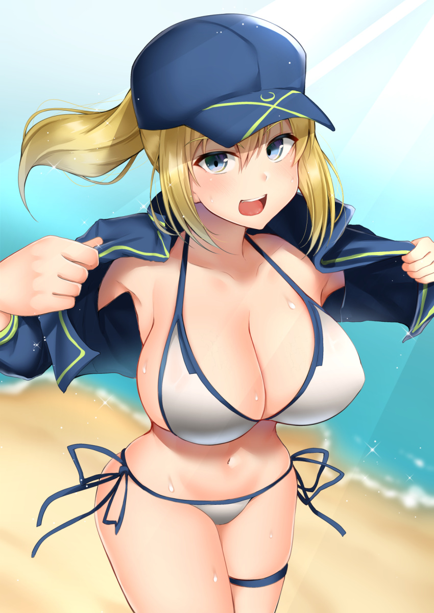 1girl artoria_pendragon_(all) baseball_cap beach bikini blonde_hair blue_eyes blue_headwear blue_jacket blue_sky breasts cropped_jacket fate/grand_order fate_(series) hair_between_eyes hair_through_headwear hat highres jacket kitajima_yuuki large_breasts mysterious_heroine_xx_(foreigner) navel ocean open_mouth ponytail shrug_(clothing) side-tie_bikini sky swimsuit thigh_strap white_bikini zipper_pull_tab