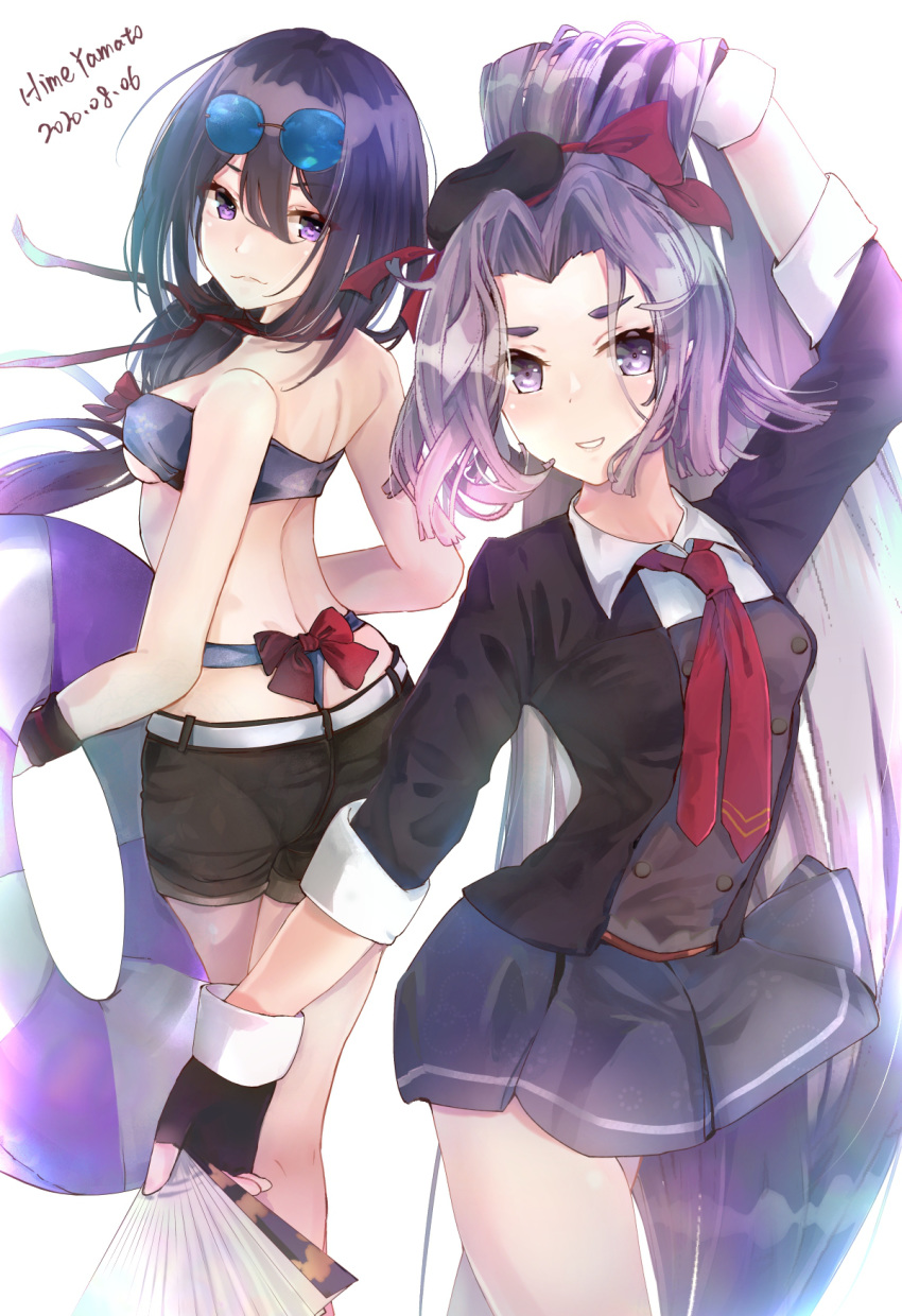 2girls ariake_(kantai_collection) ariake_(kantai_collection)_(cosplay) ass bikini black_gloves black_hair black_headwear black_shorts collared_shirt cosplay cowboy_shot eyewear_on_head fan fingerless_gloves folding_fan gloves grey_skirt hair_over_one_eye hatsuharu_(kantai_collection) highres himeyamato innertube kantai_collection long_hair long_sleeves looking_at_viewer multiple_girls necktie pleated_skirt ponytail purple_bikini purple_eyes purple_hair red_neckwear shirt short_shorts shorts simple_background skirt sunglasses swimsuit thong_bikini white_background