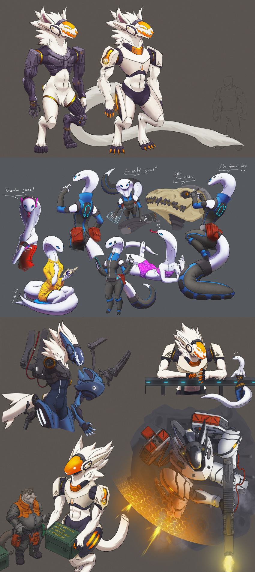 absurd_res android anthro blue_eyes bone clothed clothing cybernetics cyborg diver duo engineer female hi_res keilink long_tail lutrine machine male mammal mechanic mustelid protogen reptile robot scalie skull snake spacesuit swimwear visor weapon