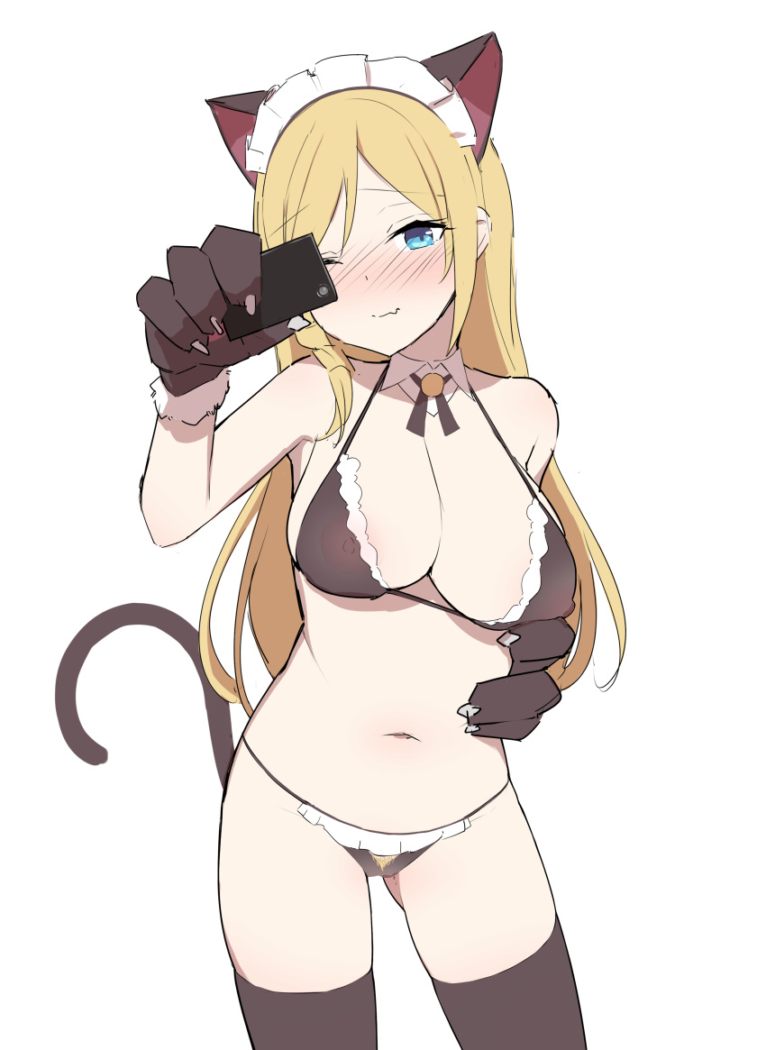 1girl absurdres animal_ears arapi areola_slip areolae black_bra black_legwear black_panties blonde_hair blonde_pubic_hair blue_eyes blush bra braid breasts cat_ears cat_tail cellphone cleavage colored_pubic_hair commentary_request cowboy_shot embarrassed gloves hair_down hayasaka_ai haysaca_a._smithee highres kaguya-sama_wa_kokurasetai_~tensai-tachi_no_renai_zunousen~ large_breasts long_hair maid_headdress nipples panties paw_gloves paws phone pubic_hair see-through self_shot side_braid simple_background smartphone solo tail thighhighs underwear wavy_mouth