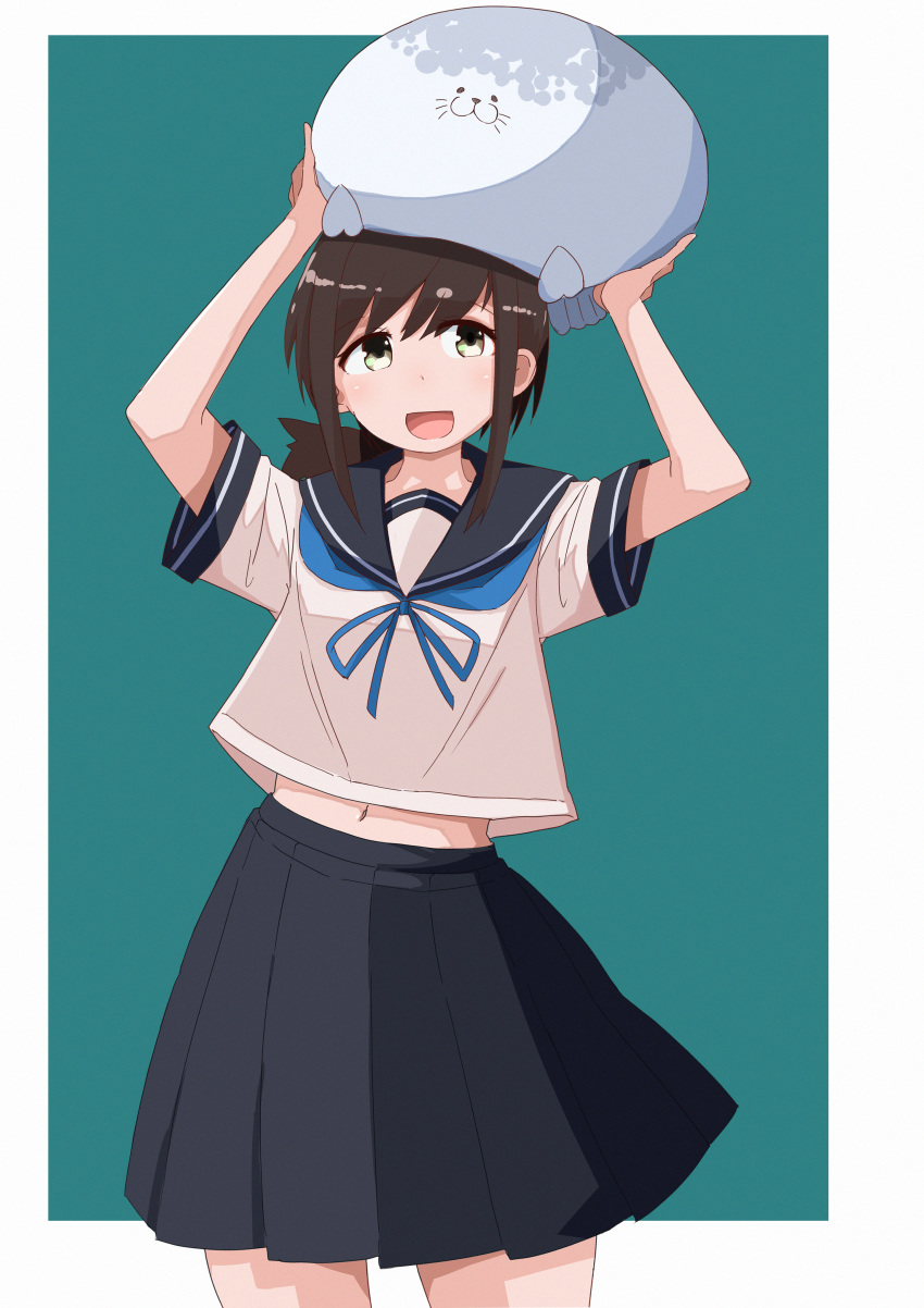 1girl :d absurdres blue_skirt blush brown_hair cowboy_shot fubuki_(kantai_collection) green_eyes highres huge_filesize kantai_collection long_hair looking_up mori_tarou navel open_mouth pleated_skirt short_hair sidelocks skirt smile solo stuffed_seal