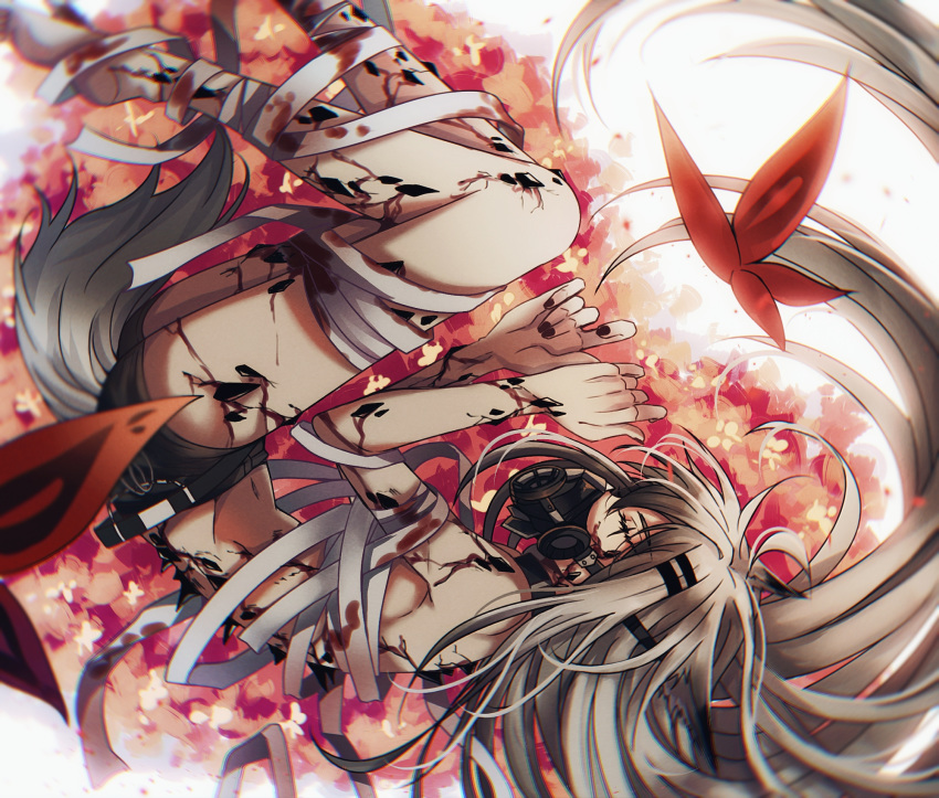 1girl animal_ears arknights bandages barefoot black_nails blood bloody_bandages bug butterfly chinese_commentary closed_eyes commentary_request fetal_position gas_mask highres insect lappland_(arknights) long_hair lying nga_(artist) on_side originium_(arknights) short_shorts shorts silver_hair sleeping solo tail topless very_long_hair wolf_ears wolf_girl wolf_tail