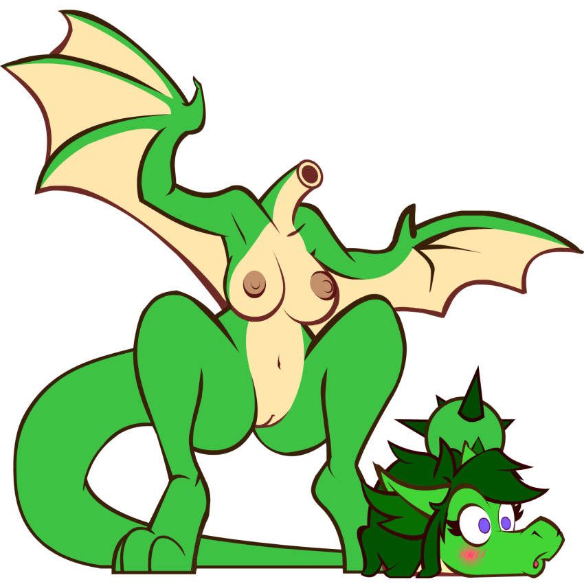 1:1 anthro big_breasts biped blush breasts butt crouching detachable detachable_head digital_media_(artwork) dragon embarrassed female feral genitals green_body green_hair green_scales hair headless hi_res korykobold long_ears long_hair long_tail looking_at_viewer membrane_(anatomy) membranous_wings modular multicolored_body navel neck_hole nipples no_shading non-mammal_breasts nude purple_eyes pussy reptile scales scalie simple_background smile solo spiked_tail spikes spikes_(anatomy) two_tone_body white_background wings wyvern xanphur