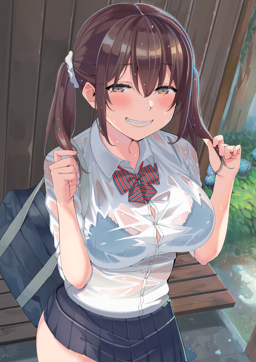 1girl :d bag bench blue_bra bow bowtie bra bra_through_clothes breasts brown_eyes brown_hair button_gap buttons collared_shirt hair_ornament hair_scrunchie half-closed_eyes highres large_breasts looking_at_viewer naughty_face nuko_(mikupantu) open_mouth original outdoors pleated_skirt rain school_uniform scrunchie see-through shirt skirt sleeves_rolled_up smile solo teeth twintails underwear wet wet_clothes wet_shirt
