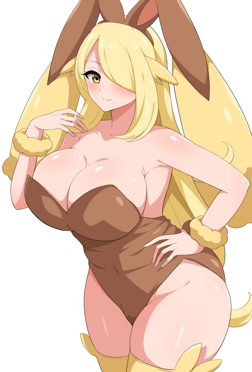 1girl aikometsu blonde_hair breasts cleavage cosplay gen_4_pokemon hair_over_one_eye highres large_breasts lopunny lopunny_(cosplay) pokemon shirona_(pokemon) solo